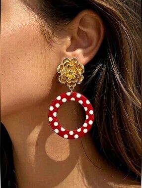 NEW! Flower & Red Polka Dot Hoop Gold Drop Earrings - Women's Jewelry